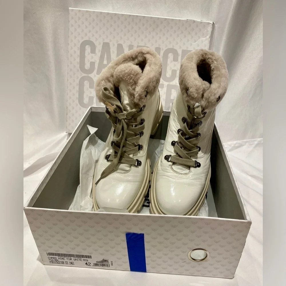Candice Cooper Chado Patent Leather and Shearling Boots in White, size 10.5 - 11